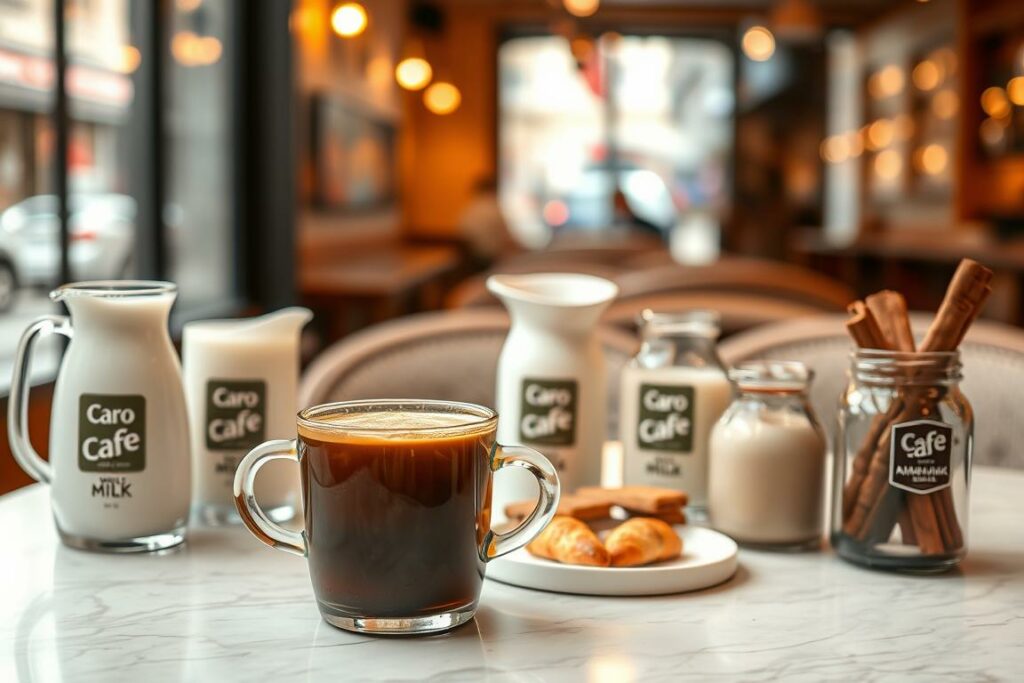 A cozy café table set with an array of Caro Kaffee beverages and accompaniments. In the foreground, a steaming cup of rich, dark Caro Kaffee with a swirl of frothy, creamy milk. Beside it, a variety of milk pitchers - classic whole milk, creamy oat milk, and a decadent vanilla-infused almond milk. In the middle ground, a selection of artisanal biscotti, small pastries, and a jar of fragrant cinnamon sticks. The background features a softly blurred café interior, warm lighting, and a glimpse of a bustling street outside the window. The overall mood is one of inviting comfort and indulgence, perfectly capturing the essence of Caro Kaffee and its delectable serving options.