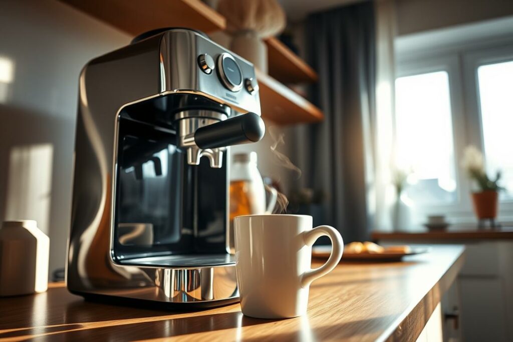 A cozy kitchen counter with a shiny, modern espresso machine taking center stage. Sunlight streams through a nearby window, casting a warm glow across the scene. On the counter, a pristine white ceramic mug stands ready, anticipating the rich, aromatic brew about to be poured. Delicate steam wisps rise, hinting at the flavorful experience to come. In the background, a minimalist, Scandinavian-inspired decor sets the stage, emphasizing the focus on the art of coffee preparation. The overall atmosphere is one of tranquility and mindfulness, inviting the viewer to savor the simple pleasure of a perfectly crafted cup of coffee.