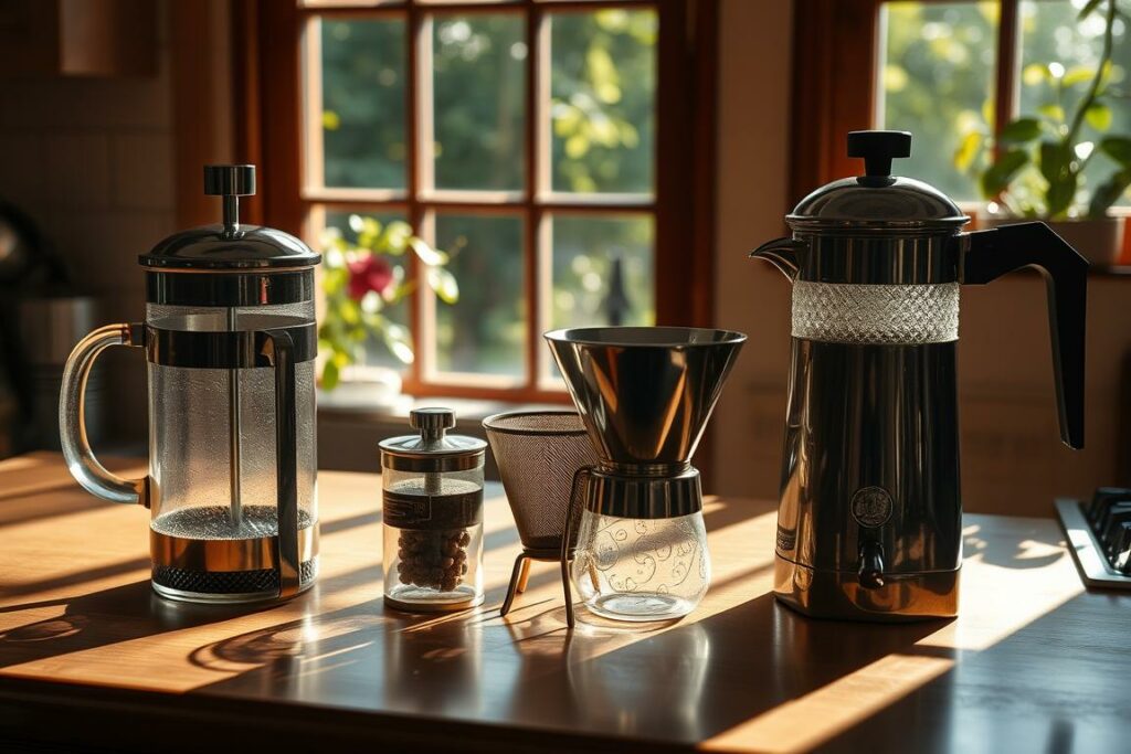 A cozy kitchen counter with various decaffeination methods laid out - a glass French press, a metal filter, and an old-fashioned percolator. Warm natural lighting casts soft shadows, highlighting the intricate textures of the equipment. In the background, a window overlooks a lush, green garden, creating a serene and inviting atmosphere. The scene conveys the thoughtful process of crafting a delicious, low-caffeine cup of coffee, with each method's impact on the final taste and aroma subtly suggested.