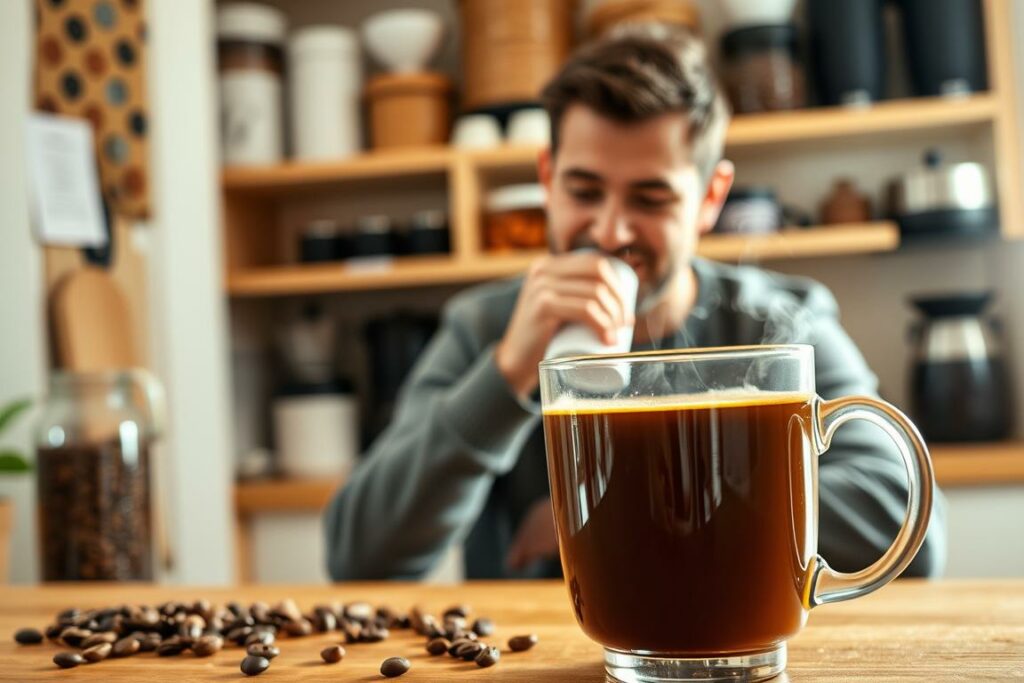 A cozy kitchen scene with a steaming mug of aromatic coffee in the foreground, its rich aroma filling the air. In the middle ground, a person savoring the coffee, their expression one of pure enjoyment. The background features a well-stocked pantry, showcasing the variety of coffee beans and brewing accessories, creating a sense of a passionate coffee enthusiast's sanctuary. Soft, warm lighting casts a gentle glow, enhancing the inviting atmosphere. The composition is balanced, with the coffee mug drawing the eye to the center of the frame. The overall scene conveys a sense of mindful, gratifying coffee consumption, despite any potential digestive issues.