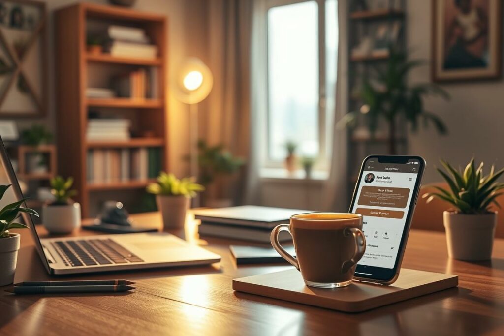 A cozy, well-lit home office setting with a wooden desk, a laptop, and a steaming cup of freshly brewed coffee. The desk is adorned with plants, stationery, and a smartphone displaying an online coffee ordering interface. The lighting is warm and diffused, creating a tranquil atmosphere. The background features bookshelves, framed artwork, and a distant window revealing a scenic cityscape. The composition emphasizes the convenience and enjoyment of ordering specialty coffee online for a relaxing and productive work-from-home experience.
