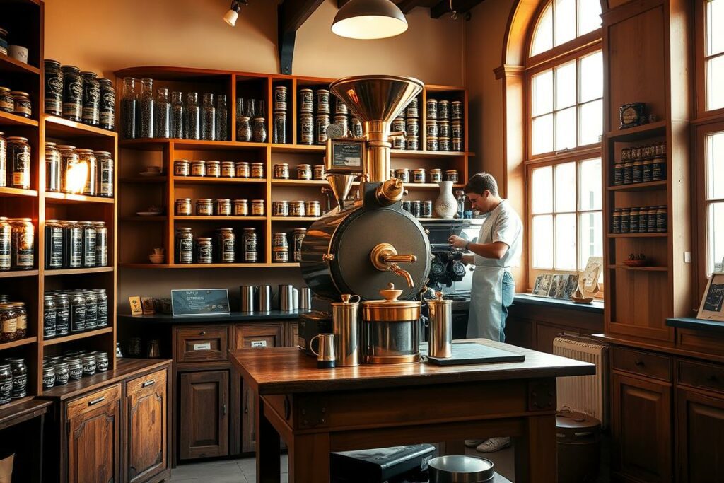 A cozy, well-lit interior of the Münchner Kaffeerösterei, a charming coffee roastery in the heart of Munich. Wooden shelves and cabinets line the walls, displaying an array of freshly roasted coffee beans in glass jars. In the center, a vintage coffee roaster sits atop a sturdy wooden table, its gleaming copper components catching the warm, natural light that streams in through large windows. The air is filled with the inviting aroma of freshly brewed coffee. A barista in a crisp white apron stands behind a sleek espresso machine, carefully crafting a perfect shot. The atmosphere exudes a sense of tradition, craftsmanship, and a passion for the art of coffee making.