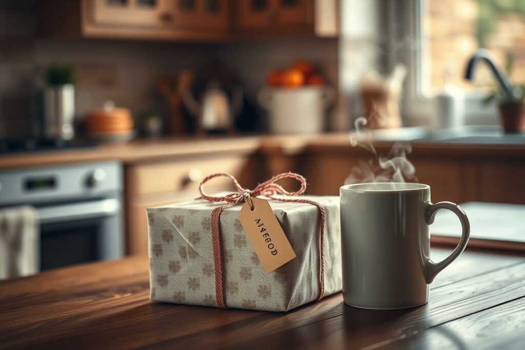 A cozy, well-lit kitchen scene with a neatly wrapped gift box placed on a wooden table, accompanied by a steaming mug of freshly brewed coffee. The gift box is adorned with a ribbon and tag, hinting at the delightful contents within. Soft, diffused lighting creates a warm, inviting ambiance, while the steam from the coffee adds a touch of coziness to the overall composition. The scene conveys the idea of a thoughtful, personalized gift that any true coffee lover would cherish.