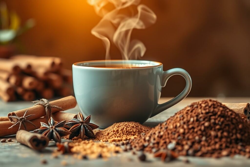 A delightful cup of Caro coffee, steaming and aromatic, set against a warm, inviting backdrop. The rich, earthy tones of the brew are highlighted by the soft, natural lighting, creating a cozy and comforting atmosphere. In the foreground, a array of vibrant, fresh ingredients – cinnamon sticks, star anise, and a sprinkle of cocoa powder – offer a tantalizing glimpse of the flavors and health benefits that set Caro apart from traditional coffee. The middle ground showcases a carefully curated selection of Caro's unique selling points, such as its low acidity, lack of caffeine, and abundance of antioxidants. In the background, a serene, natural setting, perhaps a picturesque countryside or a tranquil cafe, sets the stage for the perfect Caro coffee moment.