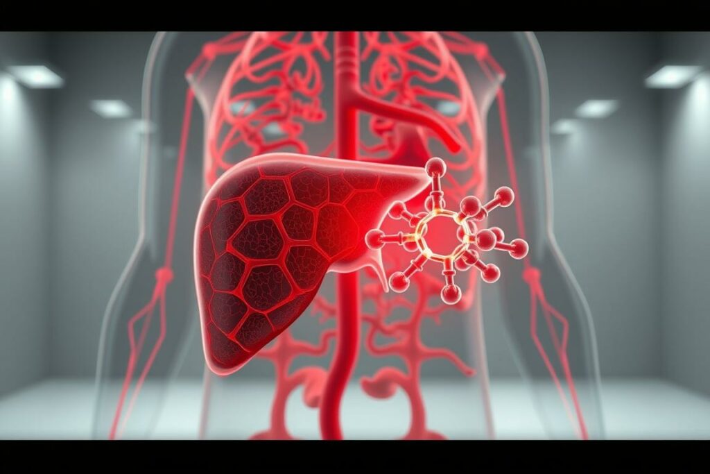 A detailed anatomical illustration depicting the metabolic breakdown of caffeine in the human body. The foreground shows a cross-section of the liver, with glowing red enzymes and pathways highlighting the various stages of caffeine's metabolic journey. The middle ground features a transparent 3D model of the caffeine molecule, its chemical structure illuminated and pulsing. The background is a clean, scientific environment with muted tones, suggesting a clinical, informative tone. Crisp lighting from multiple angles enhances the sense of depth and dimension, while a shallow depth of field draws the viewer's focus to the key elements. The overall composition conveys the complex, yet fascinating process of how the body processes and eliminates this ubiquitous stimulant.