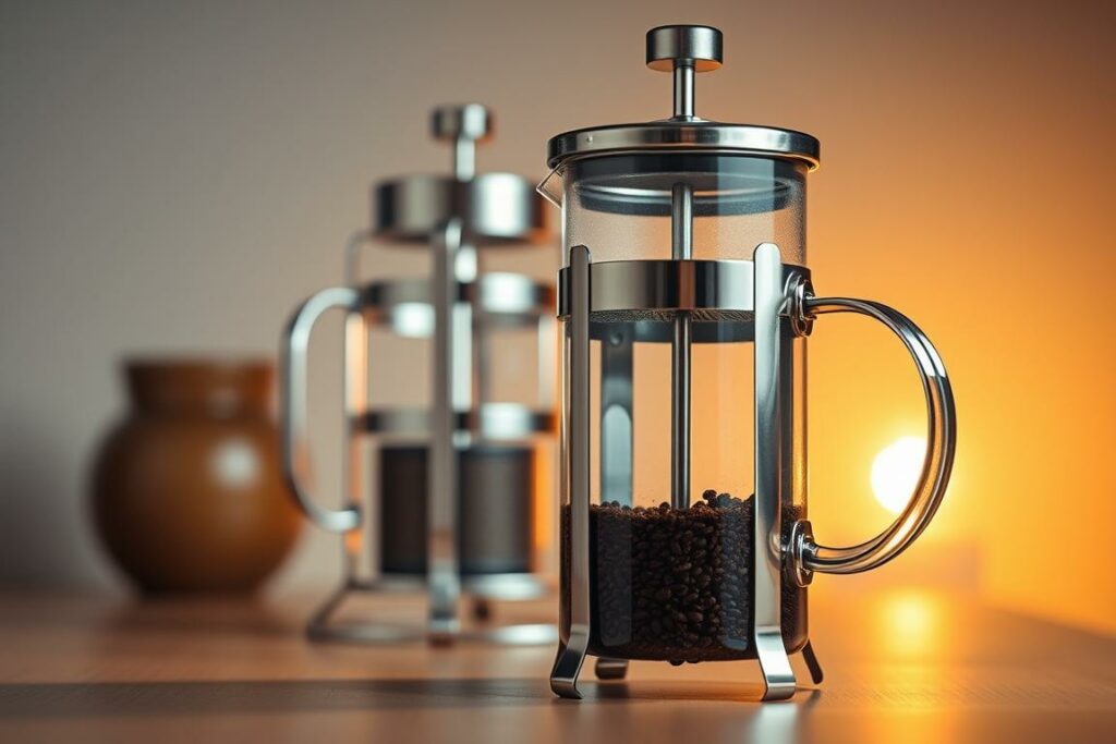 A detailed cutaway diagram showcasing the inner workings of a classic French press coffee maker. In the foreground, the transparent glass carafe is prominently displayed, revealing the plunger mechanism and the coarse coffee grounds steeping in hot water. The middle ground depicts the stainless steel frame, filter, and lid assembly, highlighting the simplistic yet robust design. In the background, a soft, ambient lighting illuminates the scene, evoking a serene, contemplative atmosphere. The image should convey the elegant functionality and timeless charm of this beloved coffee brewing method, inviting the viewer to appreciate the artistry and engineering behind the French press.