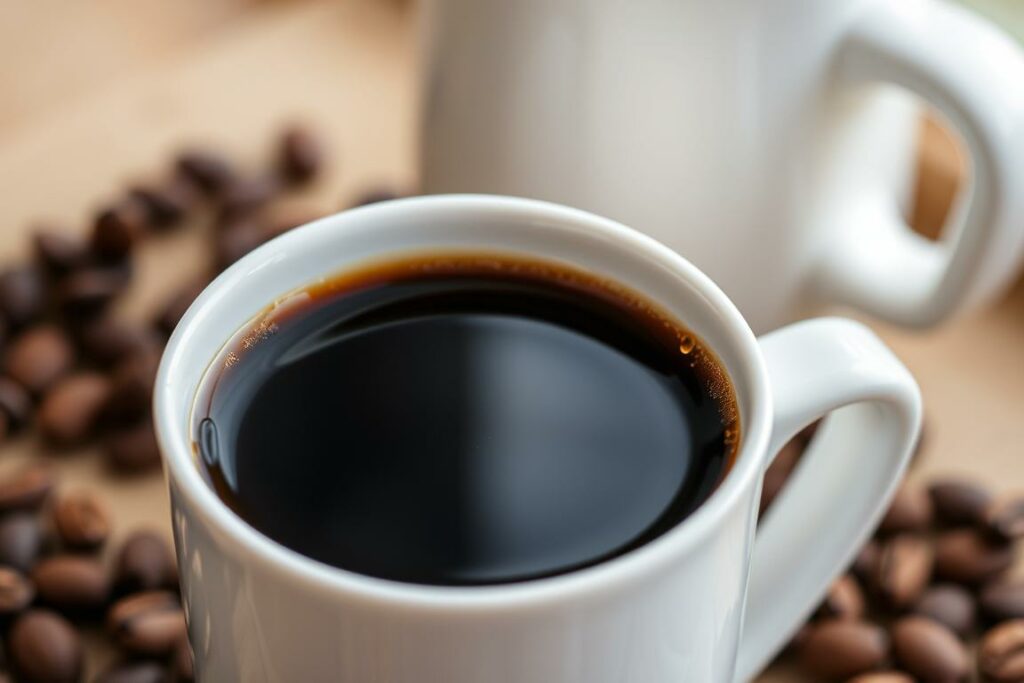 A freshly brewed cup of premium decaffeinated coffee, the rich aroma of roasted beans filling the air. The liquid glistens in the soft, natural lighting, inviting a closer look. In the foreground, the smooth, dark surface of the coffee is accented by delicate crema, while the background features a sleek, minimalist mug with clean lines. The overall scene conveys a sense of quality, craftsmanship, and a refined, sophisticated coffee-drinking experience. The mood is one of tranquility and indulgence, perfectly capturing the essence of "qualität entkoffeiniert."