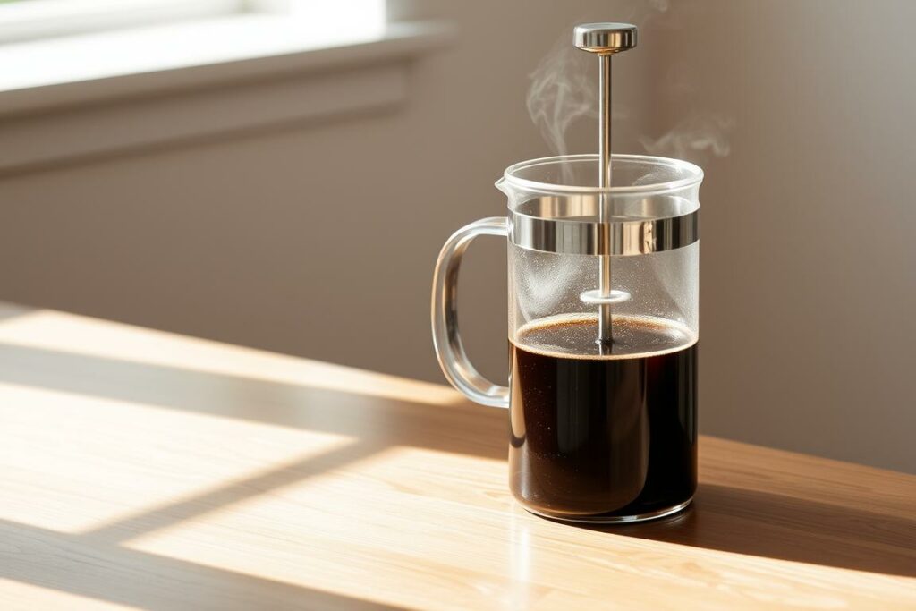 A glass French press coffee maker sits on a wooden table, steam gently rising from the freshly brewed java. The carafe is transparent, revealing the rich, dark liquid inside. A metallic plunger extends from the top, ready to be slowly pressed down, extracting the full-bodied flavor. Bright natural light floods the scene, creating soft shadows and highlights that accentuate the elegant simplicity of the design. The surrounding area is minimalist, allowing the coffee maker to take center stage. The overall mood is one of calm, inviting the viewer to savor the ritual of French press coffee preparation.