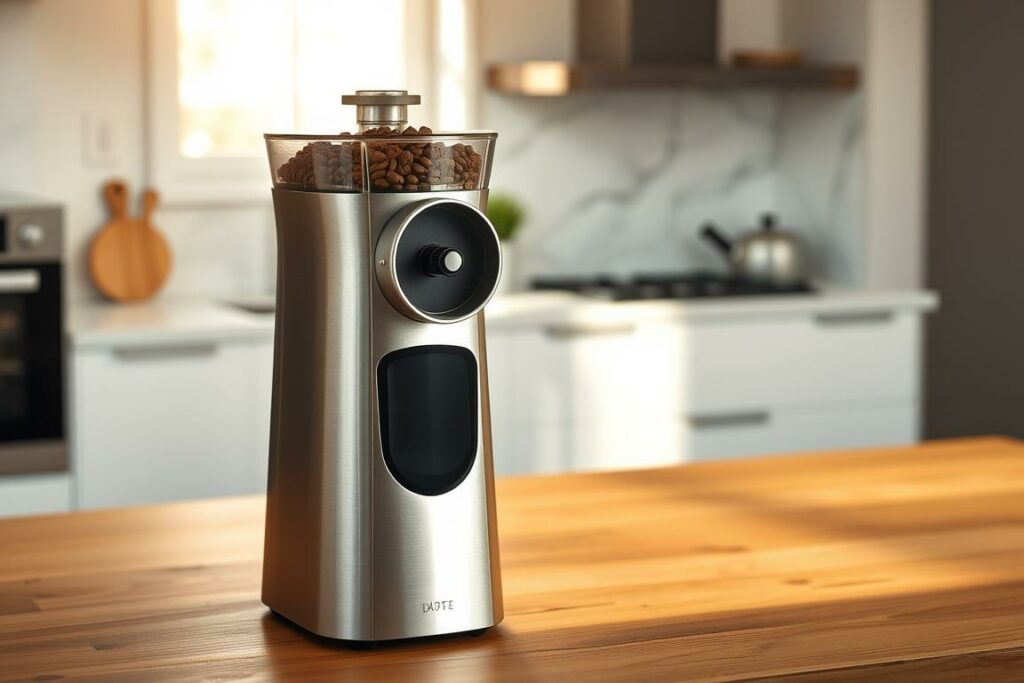 A high-quality burr coffee grinder with a sleek, minimalist design sits on a wooden countertop. Warm, natural lighting casts a soft glow, highlighting the grinder's brushed metal finish. In the background, a modern, Scandinavian-inspired kitchen with white cabinets and a marble backsplash creates a serene, welcoming atmosphere. The grinder's hopper is filled with freshly roasted coffee beans, ready to be transformed into a flavorful brew. This sustainable, long-lasting gift embodies the passion and dedication of true coffee enthusiasts.