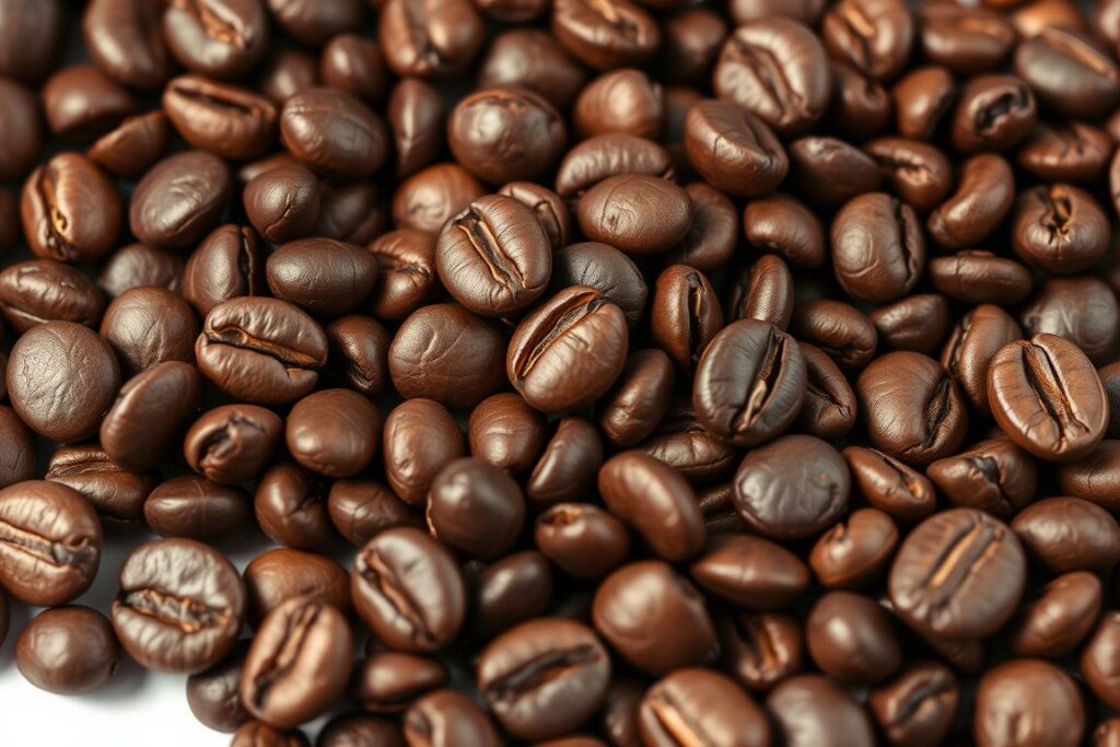 A high-quality, close-up image of freshly roasted espresso coffee beans, meticulously arranged in a visually appealing manner. The beans should be depicted with a rich, dark brown color, capturing their oily sheen and the intricate textures of their surfaces. The lighting should be soft and diffused, casting gentle shadows to highlight the three-dimensional qualities of the beans. The background should be simple and uncluttered, allowing the coffee beans to be the central focus of the image. The overall mood should be one of warmth, artisanal quality, and the anticipation of a delicious espresso experience.