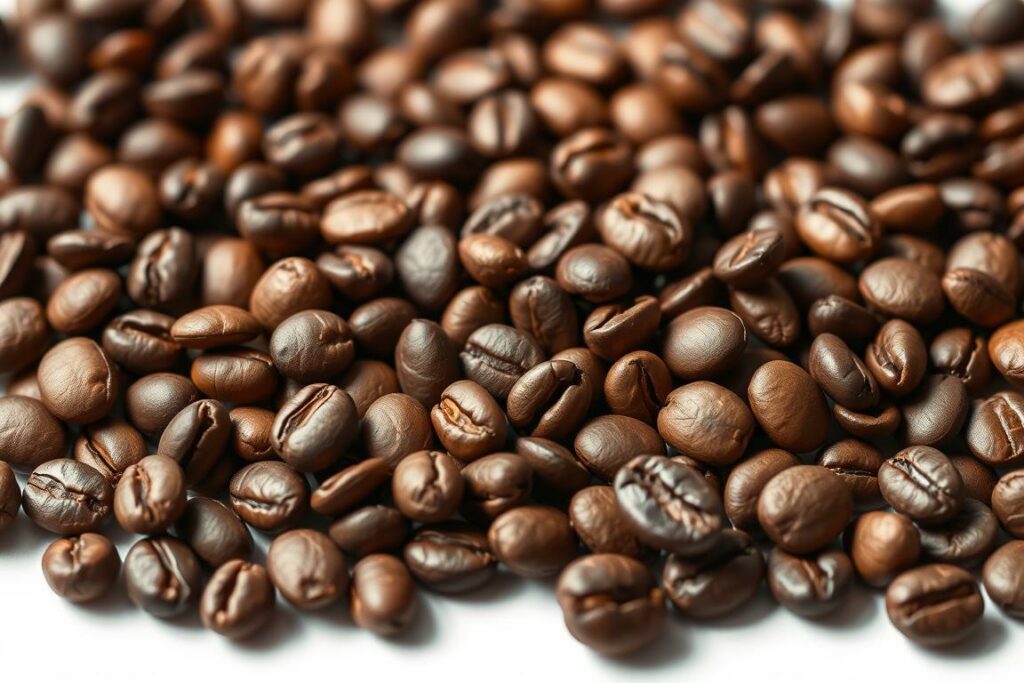 A high-quality close-up shot of an assortment of freshly roasted coffee beans in various shades of brown, set against a clean, bright backdrop. The beans are arranged in a natural, organic manner, capturing their distinct shapes, textures, and natural variations. Soft, directional lighting accentuates the rich, warm tones and glossy surfaces of the beans, creating a sense of depth and dimension. The image conveys a sense of artisanal quality, inviting the viewer to appreciate the intricate details and nuances of the coffee beans. The overall composition is well-balanced, with a focus on the coffee beans as the primary subject, allowing the viewer to fully immerse themselves in the experience of purchasing premium quality coffee beans online.