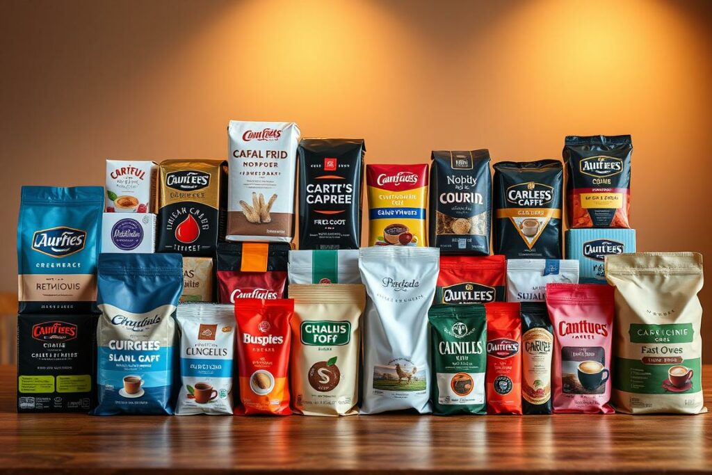 A high-quality, detailed comparison of popular decaf coffee brands arranged neatly on a wooden table. The brands are displayed in an organized grid, with each product's packaging clearly visible. Warm, soft lighting illuminates the scene, creating a cozy, inviting atmosphere. The background features a simple, uncluttered setting, allowing the coffee products to be the focal point. The overall composition conveys a sense of thoughtful curation, presenting the decaf coffee options in an informative and visually appealing manner.