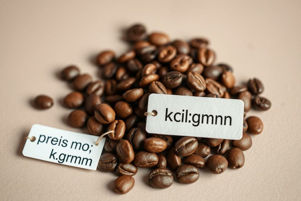 A high-resolution close-up image of an assortment of freshly roasted whole coffee beans on a neutral background, with a clear price tag displaying the text "preis pro kilogramm" in a simple, legible font. The beans should be evenly lit from the side, creating subtle shadows and highlights that showcase their rich, glossy texture and varied shades of brown. The composition should be clean and minimalist, allowing the price information to be the focal point, conveying a sense of quality, value, and attention to detail. The overall mood should be professional, inviting, and focused on the key pricing information relevant to the article's subject.