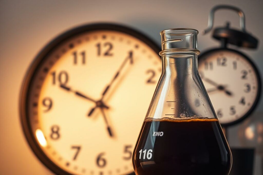 A laboratory beaker filled with a steaming, aromatic coffee brew, positioned against a backdrop of a wall clock with hands ticking away, symbolizing the passage of time. The lighting is warm and inviting, casting a soft glow over the scene. The composition emphasizes the relationship between the coffee's potent caffeine and the anticipation of its effects, as the viewer is drawn to observe the gradual change in the clock's display. The overall atmosphere is one of introspection and scientific curiosity, inviting the viewer to ponder the dynamic nature of caffeine's impact on the human body.