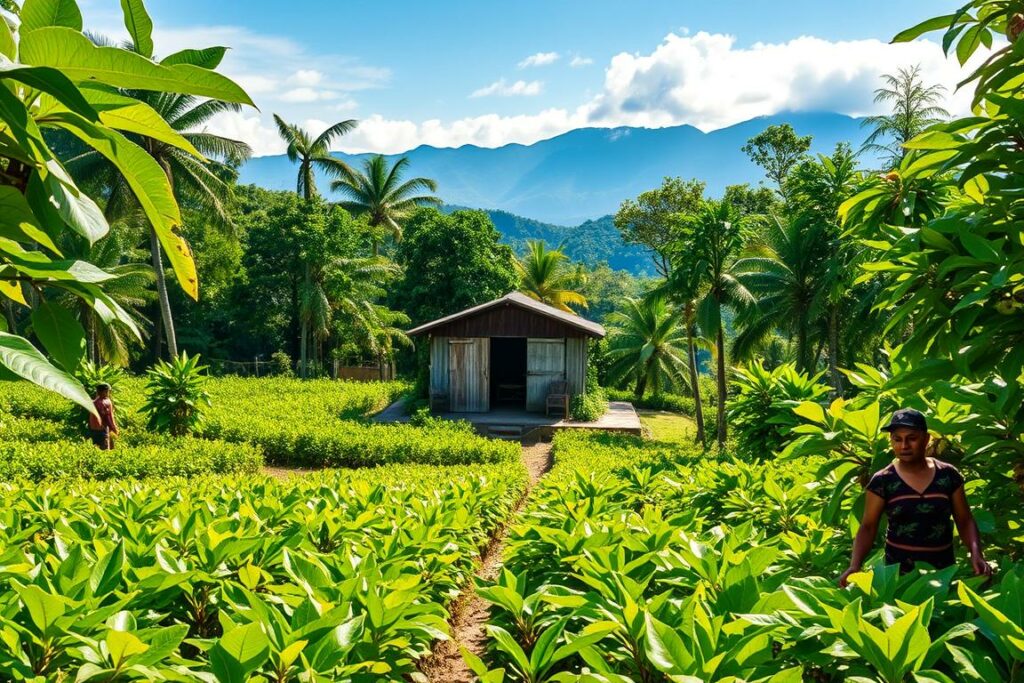 A lush, verdant Chuncho-Kakao plantation nestled in the heart of the Peruvian Amazon. Rows of vibrant cacao trees stretch out as far as the eye can see, their broad leaves glistening in the warm, dappled sunlight. In the foreground, workers carefully harvest the precious pods, their hands deftly plucking the ripe fruit. A weathered, wooden shed stands in the middle distance, its rustic charm evoking the traditional methods used to process the beans. In the background, towering mountains rise up, their peaks shrouded in wispy clouds. The scene exudes a sense of tranquility and connection to the land, capturing the essence of what makes Chuncho-Kakao so exceptional.