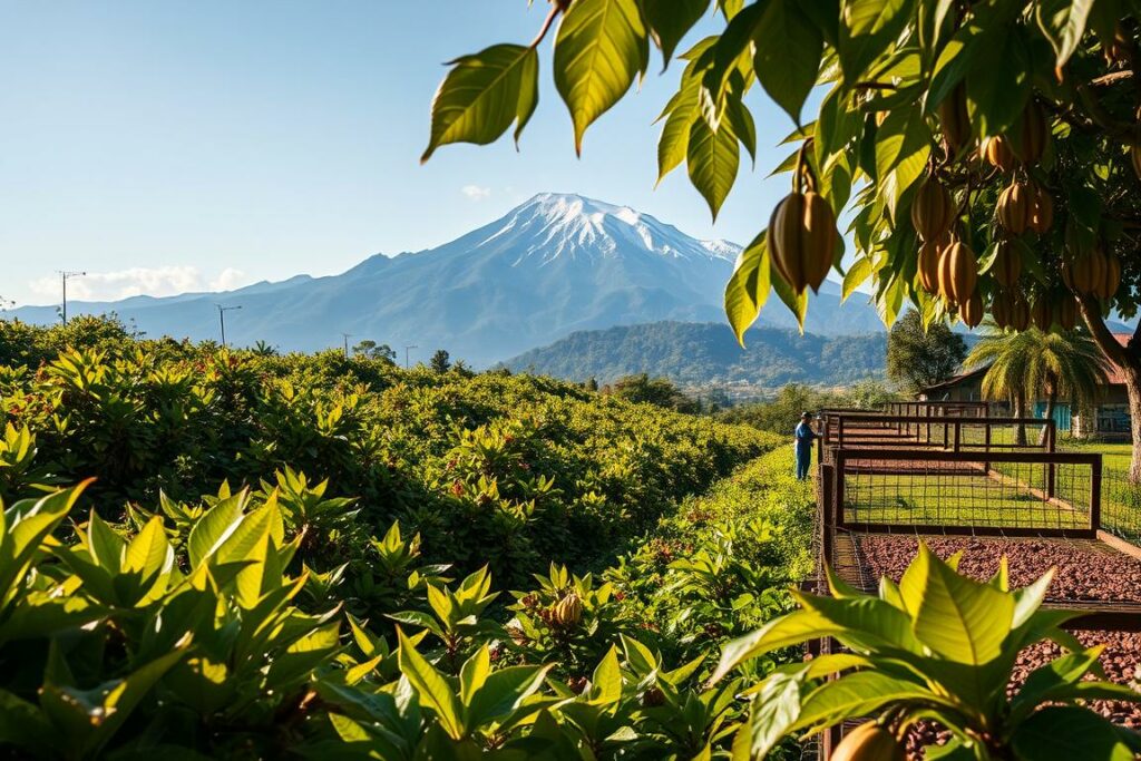 A lush, verdant cacao plantation stretches across the frame, its vibrant leaves and pods bathed in warm, golden sunlight. In the foreground, a group of farmers carefully harvest the ripe cacao pods, their movements fluid and graceful. The middle ground reveals the processing station, where the pods are delicately cracked open, exposing the rich, brown nibs. Wooden drying racks line the area, the beans gently curing under the watchful eyes of the farmers. In the background, a towering mountain range rises, its peaks capped with pristine snow, a testament to the unspoiled natural beauty of the region. The overall scene conveys a sense of harmony, sustainability, and ethical production, capturing the essence of a truly responsible and artisanal chocolate-making process.