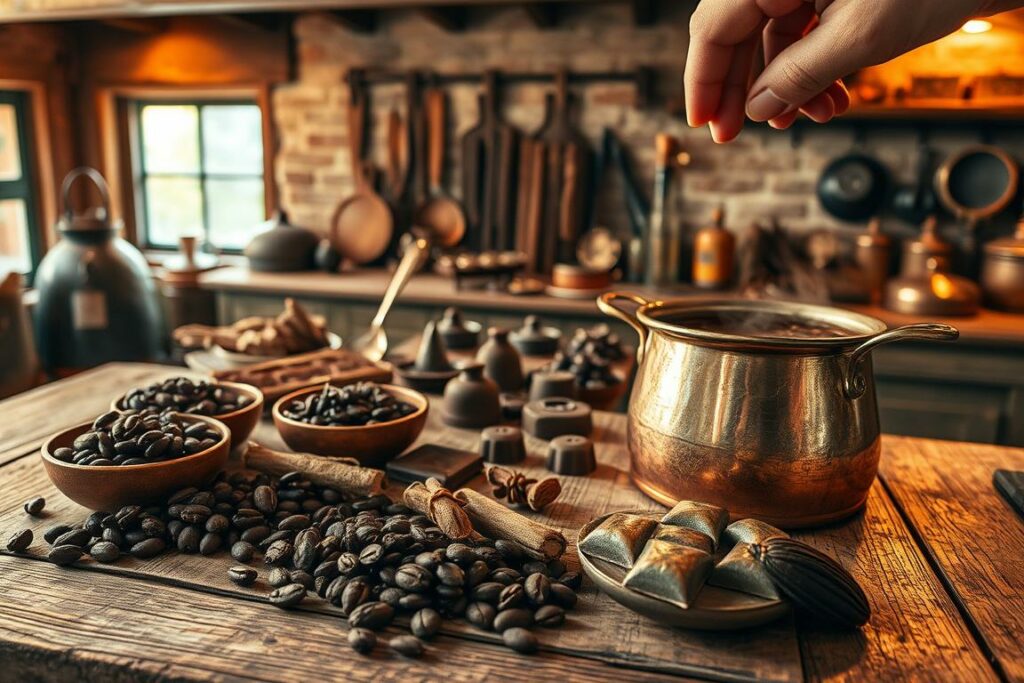 A meticulously crafted scene of traditional Urschokolade preparation. The foreground features a weathered wooden table, upon which rests a selection of essential ingredients - rich, dark cocoa beans, fragrant spices, and a vintage copper pot filled with bubbling chocolate. Warm, ambient lighting casts a golden glow, highlighting the expert technique as skilled hands delicately temper the molten chocolate. In the middle ground, an assortment of handcrafted chocolate molds and tools hint at the craftsmanship required. The background showcases an authentic, rustic kitchen setting, with exposed wooden beams and brick walls, evoking the timeless heritage of this artisanal process. The overall atmosphere exudes a sense of tradition, passion, and the rewarding experience of preparing authentic Urschokolade.