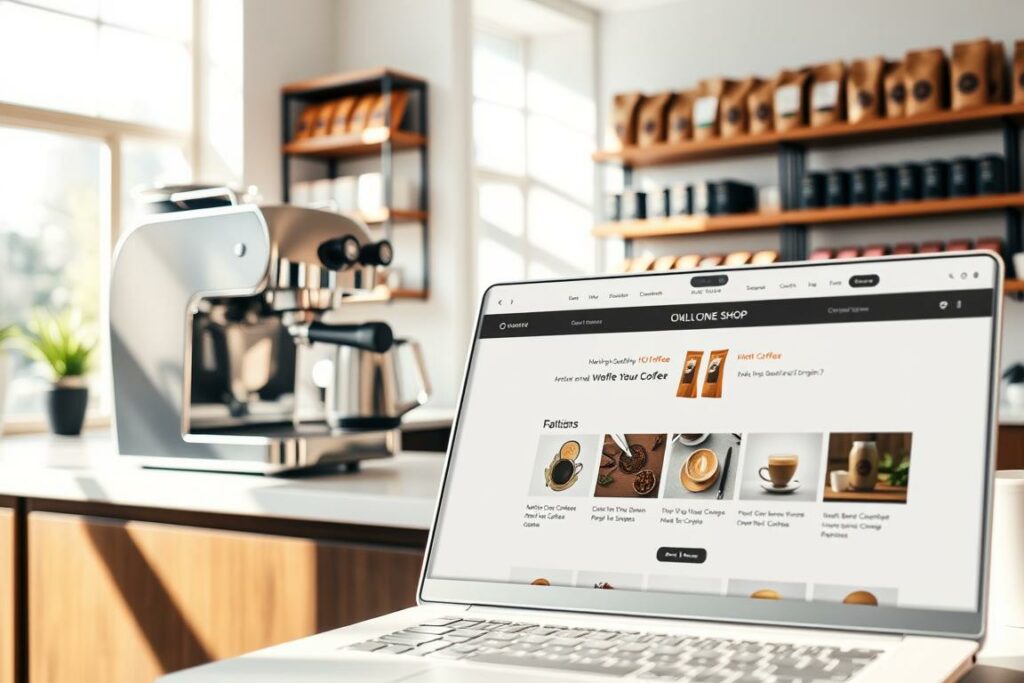 A modern online coffee shop interior, well-lit with natural daylight streaming through large windows. Prominently displayed on the counter is a shiny, chrome espresso machine, its sleek design complementing the minimalist decor. Shelves behind the counter are stocked with artisanal coffee bags, their labels showcasing various roasts and origins. In the foreground, a laptop is open, displaying an e-commerce website offering a selection of high-quality whole bean and ground coffees for purchase. The atmosphere is relaxed and inviting, reflecting the convenience and quality of online coffee shopping.