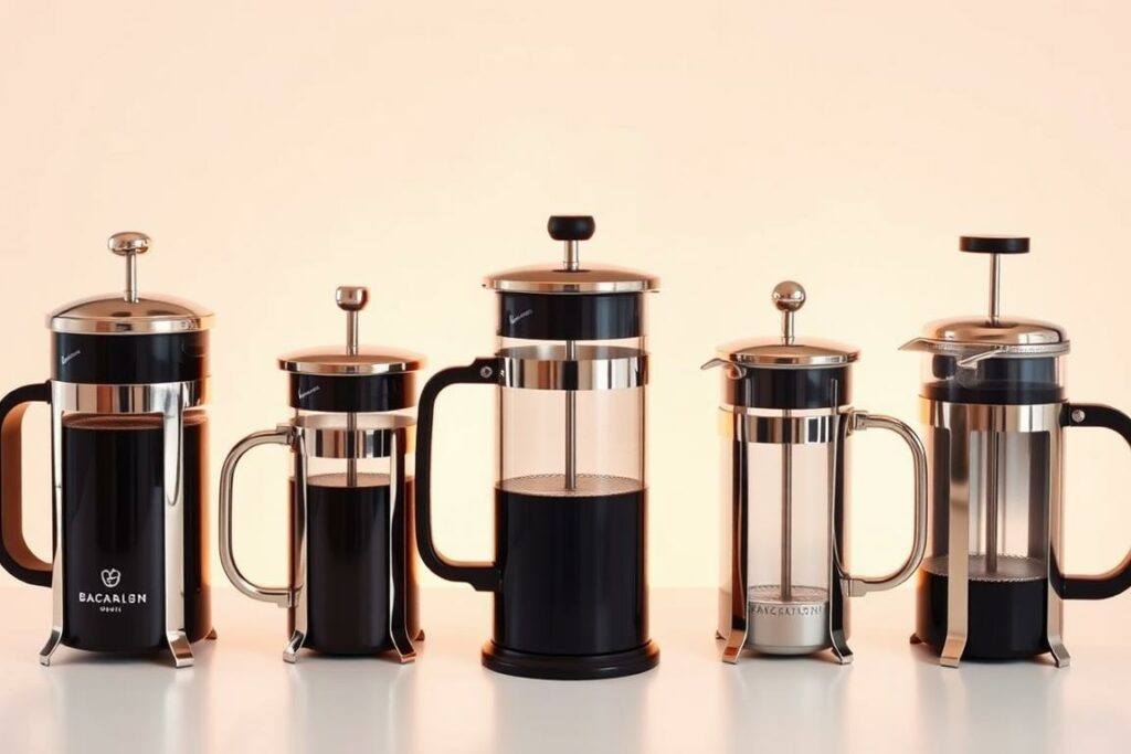 A neatly arranged display of several French press coffee makers, showcased against a clean, minimalist background. The models are presented from different angles, highlighting their unique designs and features. Warm, directional lighting illuminates the shiny, metallic surfaces, casting subtle shadows that accentuate the sleek, elegant forms. The composition is balanced and visually appealing, inviting the viewer to closely examine and compare the various French press options. An informative and visually striking illustration for the "Die Top French Press Modelle im Vergleich" section of the article.