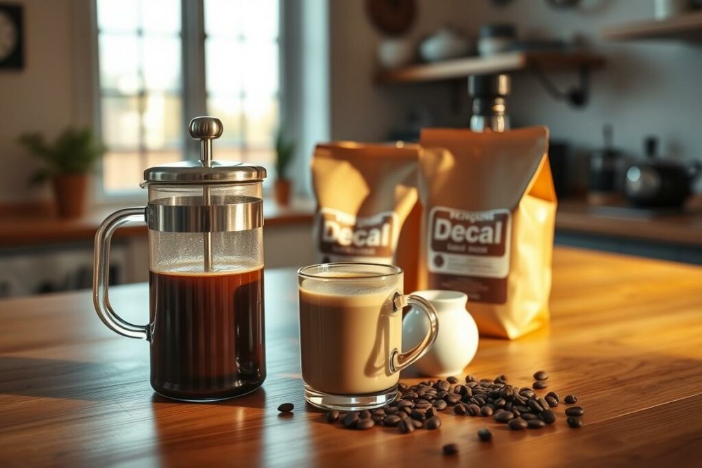 A neatly arranged setup on a wooden table, showcasing the preparation of decaffeinated coffee. In the foreground, a glass French press filled with freshly brewed decaf, accompanied by a ceramic mug and a small jug of milk. In the middle ground, a bag of whole bean decaffeinated coffee and a burr grinder, illuminated by warm, natural lighting. The background features a window overlooking a cozy, minimalist kitchen, creating a serene and inviting atmosphere. The composition emphasizes the ritual and attention to detail involved in crafting a delightful cup of decaffeinated coffee for true connoisseurs.