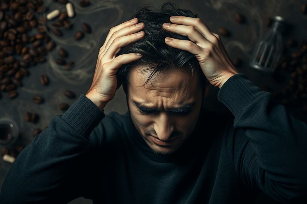 A person with a pained expression clutching their head, surrounded by a swirling, hazy backdrop of coffee beans, caffeine pills, and a faint headache aura. Moody lighting casts dramatic shadows, emphasizing the individual's discomfort. The scene is captured with a shallow depth of field, drawing the viewer's attention to the central figure's distress. An air of exhaustion and struggle permeates the image, conveying the complex relationship between caffeine consumption and its potential for triggering headaches.