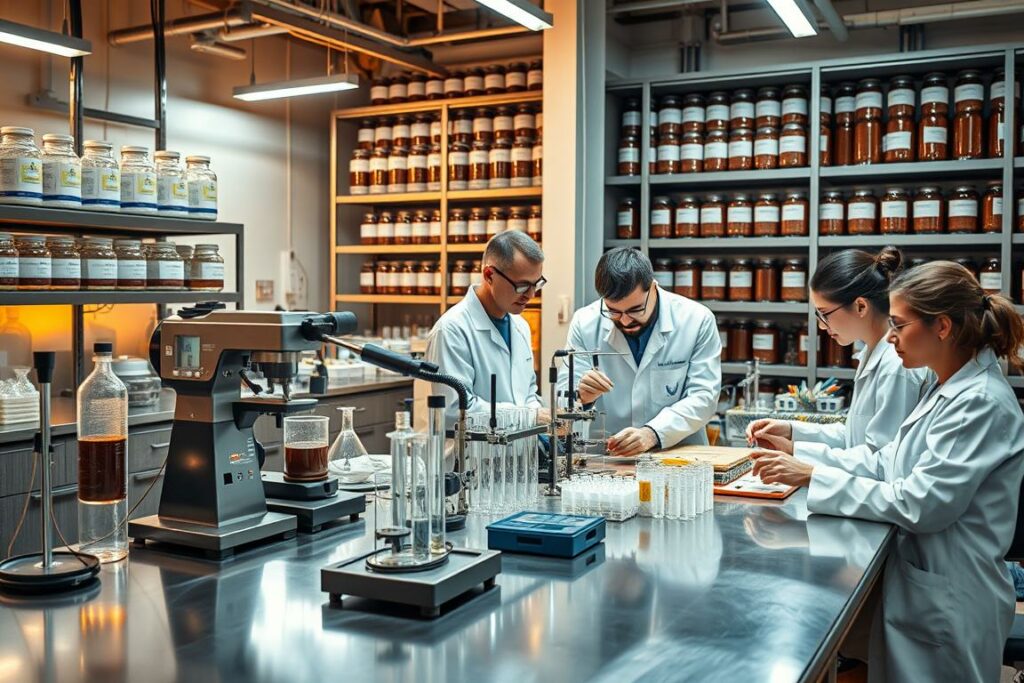 A pristine industrial laboratory, bathed in warm, soft lighting. On a polished steel counter, a series of test tubes, beakers, and precision instruments meticulously arranged. A team of white-coated scientists carefully analyze samples, their expressions focused and intent. In the background, towering shelves hold rows of neatly labeled jars and canisters, hinting at the rigorous quality control processes that ensure the purity and safety of the chocolate. The scene conveys a sense of scientific diligence, attention to detail, and a steadfast commitment to excellence in every step of the chocolate production.