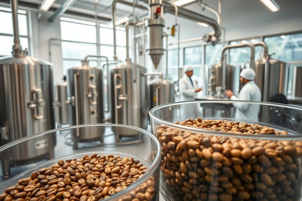 A professional coffee processing plant, with state-of-the-art machinery and technicians in white lab coats overseeing the decaffeination process. In the foreground, a glass vessel filled with aromatic coffee beans undergoing a specialized chemical extraction method, the beans' color gradually lightening as the caffeine is removed. In the middle ground, a network of stainless steel pipes, valves, and tanks regulate the temperature, pressure, and flow of the decaffeination solutions. The background features a clean, modern facility with large windows allowing natural light to flood the space, creating a bright, clinical atmosphere. The overall scene conveys the precision, care, and technology involved in producing high-quality, low-caffeine coffee for discerning consumers.