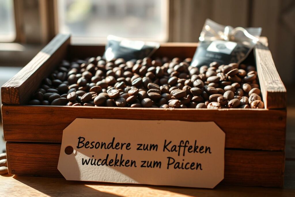 A rustic wooden crate filled with an assortment of premium, whole coffee beans, their aromatic profiles meticulously curated for the discerning coffee enthusiast. Sunlight filters through a window, casting warm, soft illumination on the crate's contents, highlighting the rich hues and textures of the beans. In the foreground, a hand-crafted label proudly displays the words "Besondere Kaffee zum Verschenken," inviting the viewer to explore this exceptional coffee experience. The composition evokes a sense of artisanal craftsmanship and attention to detail, perfectly complementing the section's title, "Exquisite Kaffeebohnen und Probierpakete."