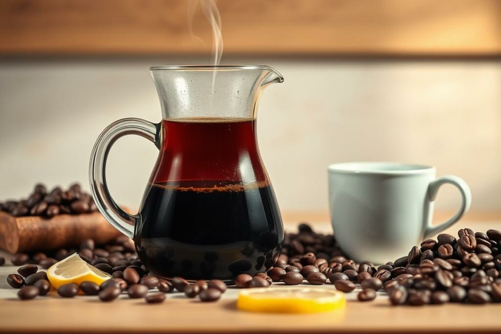 A serene, artfully composed still life depicting the enticing aroma of decaffeinated coffee. In the foreground, a glass carafe filled with freshly brewed, dark-roasted entkoffeiniert coffee, its steam gently rising. Surrounding the carafe, an arrangement of whole coffee beans, a ceramic mug, and a slice of lemon - subtle accents that complement the rich, complex fragrance. The middle ground features a soft, diffused backdrop, perhaps a wooden table or marble countertop, allowing the coffee's alluring aroma to take center stage. Warm, directional lighting casts gentle shadows, highlighting the depth and nuance of the scene. An atmosphere of quiet contemplation and refined sophistication pervades the image, inviting the viewer to savor the entkoffeiniert aroma and discover the pleasures of decaffeinated coffee.