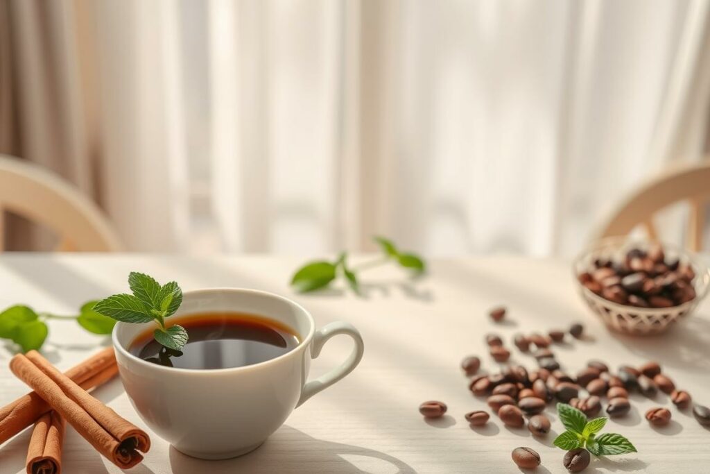 A serene, peaceful scene depicting the benefits of decaffeinated coffee for health. In the foreground, a delicate, porcelain cup filled with rich, dark brown decaffeinated coffee, emitting gentle steam. Surrounding the cup, various wholesome ingredients like cinnamon sticks, whole coffee beans, and a sprig of fresh mint, symbolizing the natural, unprocessed nature of the beverage. In the middle ground, a tranquil, sun-dappled table, with a minimalist, Scandinavian-inspired design, conveying a sense of relaxation and wellness. The background is a soothing, pastel-hued interior, with soft, diffused lighting filtering through sheer curtains, creating a calming, therapeutic atmosphere. The overall composition evokes a feeling of contentment, balance, and the harmony between decaffeinated coffee and a healthy lifestyle.