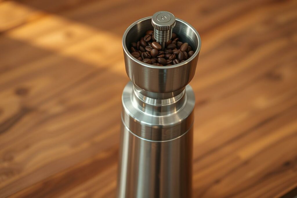A sleek, stainless steel manual coffee grinder rests on a wooden kitchen counter, its hopper filled with freshly roasted coffee beans. The grinder's conical burrs catch the warm, earthy light, casting subtle shadows across the polished surface. The grinder's design is both functional and elegant, with a simple, minimalist aesthetic that would complement any modern kitchen. The surrounding area is uncluttered, allowing the grinder to take center stage as the centerpiece of a carefully curated coffee station, ready to transform whole beans into a flawless, barista-quality grind for the perfect cup of coffee or espresso.