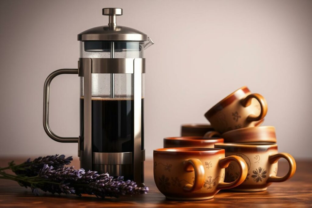 A sophisticated French press coffee maker, its sleek glass carafe and brushed steel frame casting a warm, artisanal glow. Beside it, an array of handcrafted ceramic coffee mugs in earthy tones, each adorned with delicate, hand-painted patterns. A sprig of fresh lavender, its fragrant purple hues adding a touch of natural elegance. Soft, indirect lighting illuminates the scene, creating a serene, inviting atmosphere perfect for savoring the rich, aromatic brew. The composition evokes a sense of refined, sensory indulgence - the ultimate gift for the discerning coffee connoisseur.