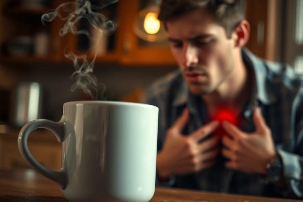 A steaming mug of freshly brewed coffee, the aroma wafting through the air. In the foreground, a person experiencing heartburn, their face etched with discomfort, as they grapple with the burning sensation in their chest. The background is a cozy, dimly lit kitchen, with warm lighting casting a soft glow. The scene is captured through a shallow depth of field, drawing the viewer's attention to the central figure and the mug of coffee, symbolizing the root cause and the potential solution to the issue of acid reflux. The composition is balanced, with the subject positioned off-center, creating a sense of movement and dynamism. The overall tone is one of introspection and problem-solving, setting the stage for the article's exploration of the causes and remedies for coffee-induced heartburn.