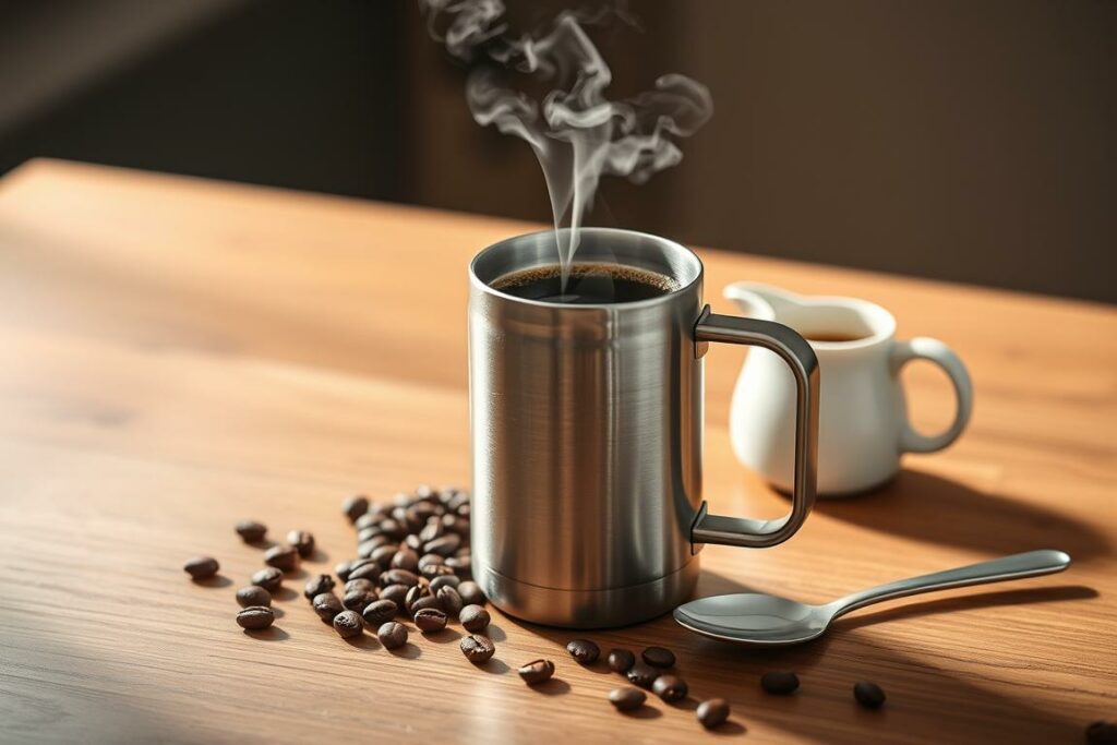A stylish stainless steel thermos mug sits on a wooden table, steam rising from the hot coffee inside. The mug has a sleek, minimalist design with a silver finish that reflects the warm lighting overhead. Surrounding the mug are a few whole coffee beans, a small ceramic creamer, and a spoon, creating a cozy, coffee-themed still life composition. The lighting is soft and diffused, casting gentle shadows and highlights that accentuate the textures and shapes of the objects. The overall mood is inviting and sophisticated, perfectly capturing the essence of a thoughtful, high-quality coffee gift.
