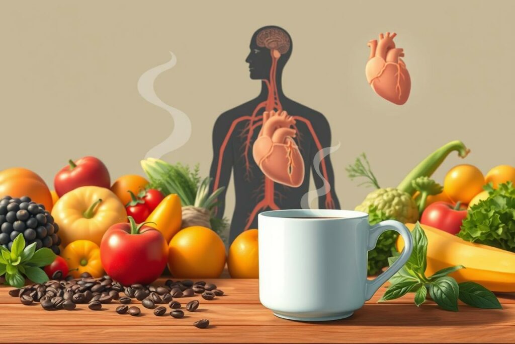 A vibrant and well-balanced illustration depicting the interplay between caffeine and human health. In the foreground, a steaming mug of coffee sits atop a wooden table, surrounded by an array of fresh fruits, vegetables, and herbs symbolizing the nourishing aspects of a balanced diet. The middle ground features a human figure in a pensive pose, their expression conveying a sense of contemplation as they consider the dual-edged nature of caffeine's effects. In the background, a softly-lit, minimalist medical illustration showcases the human circulatory system, heart, and brain, hinting at the complex physiological processes influenced by caffeine. The overall scene exudes a sense of balance, thoughtfulness, and the pursuit of optimizing health through the informed use of caffeine.
