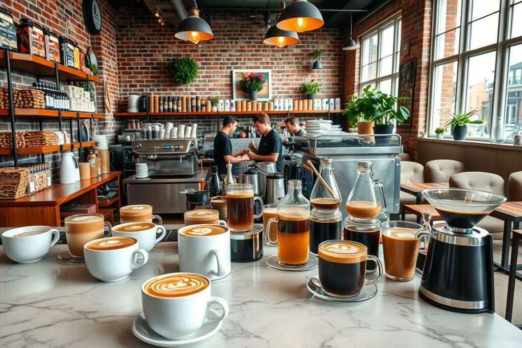A vibrant cafe interior showcasing the diverse array of coffee specialties available in Munich. In the foreground, an assortment of artfully crafted lattes, cappuccinos, and pour-overs adorn a sleek, marble-topped counter. The middle ground features knowledgeable baristas expertly preparing drinks, surrounded by shelves of freshly roasted beans and gleaming espresso machines. In the background, the warm, inviting atmosphere is accentuated by exposed brick walls, cozy seating areas, and natural lighting filtering through large windows. The overall scene conveys the rich coffee culture and passion for exceptional quality that defines the Munich coffee scene.