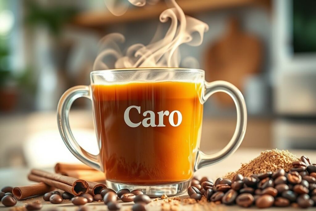 A vibrant, close-up image of freshly brewed Caro coffee, its rich, aromatic steam swirling in the soft, natural light of a cozy kitchen. The beverage is showcased in a elegant, transparent glass mug, allowing the deep, amber hue of the liquid to shine. Surrounding the cup, an arrangement of wholesome, organic ingredients commonly associated with Caro coffee's health benefits, such as cinnamon sticks, whole coffee beans, and a scattering of ground chicory. The composition exudes a sense of warmth, wellness, and a welcoming, homely atmosphere, inviting the viewer to appreciate Caro coffee as a healthful, flavorful alternative to the traditional brew.