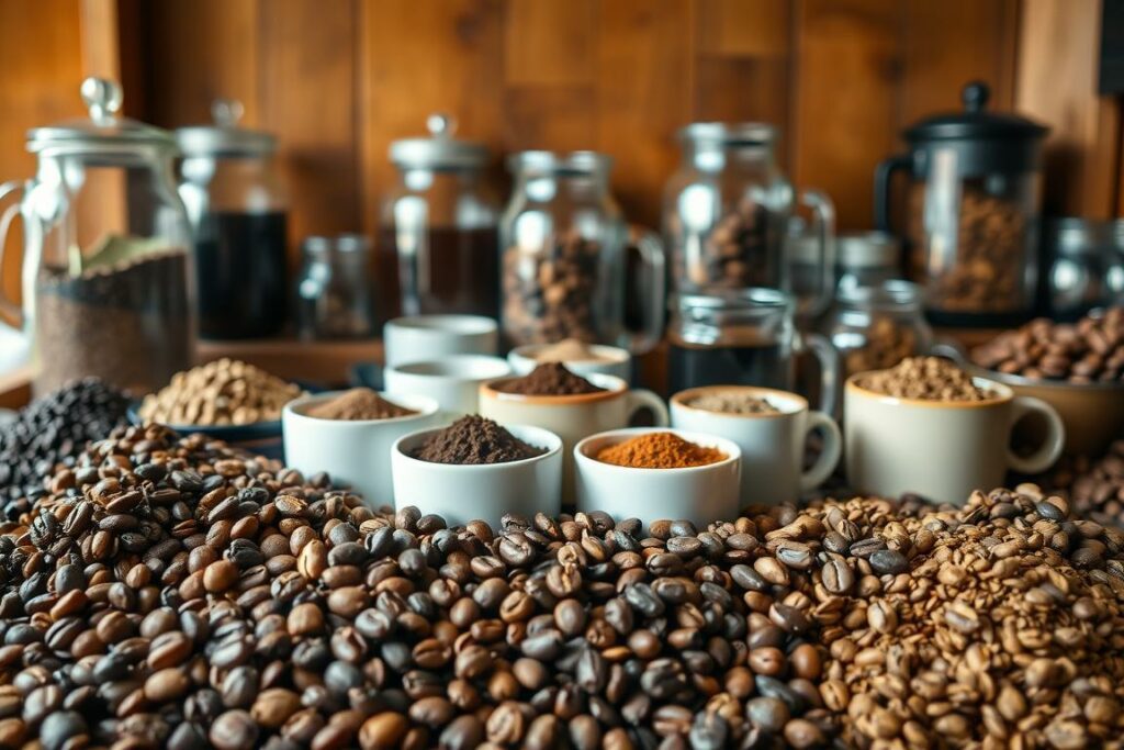 A vibrant display of coffee's diversity, showcasing an array of beans, blends, and roasts in a cozy, rustic setting. In the foreground, an assortment of freshly ground coffee, artfully arranged in various hues, from rich dark roasts to lighter, more delicate varieties. In the middle ground, a collection of glass jars and ceramic mugs, each containing a unique coffee experience. The background is a warm, wooden backdrop, evoking the comforting atmosphere of a traditional German coffee house. Soft, natural lighting illuminates the scene, capturing the essence of "Kaffeevielfalt" - the remarkable diversity of coffee in Germany.