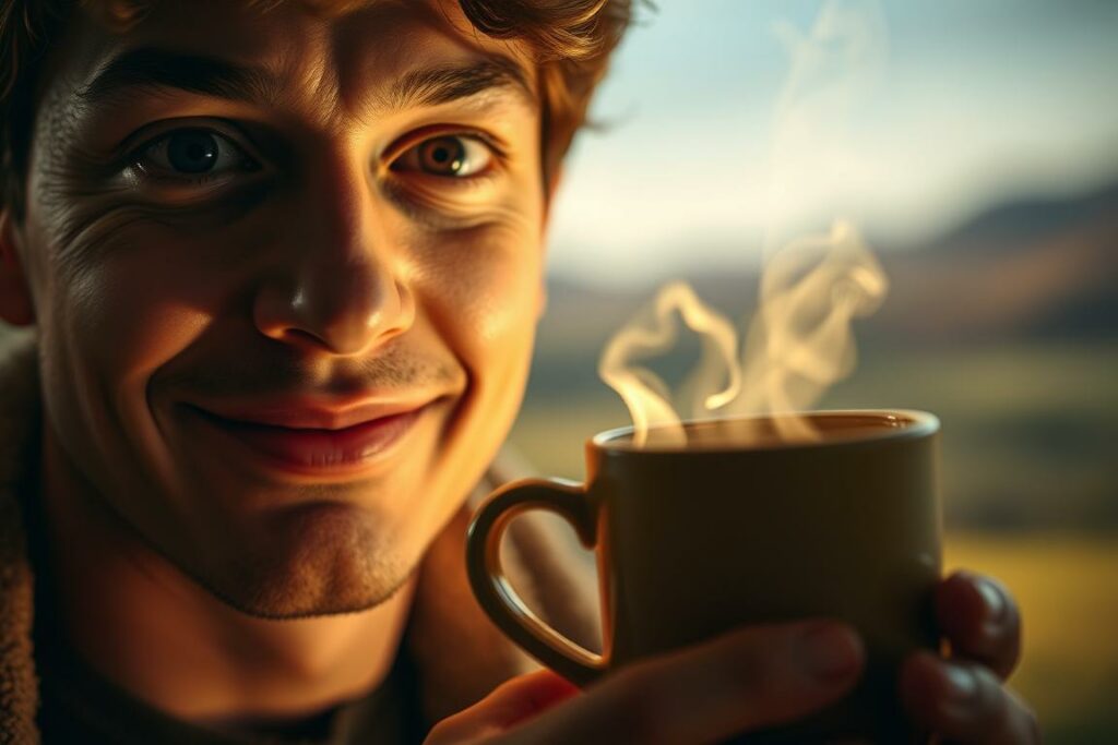 A vibrant, energetic scene of a person experiencing the effects of caffeine. In the foreground, a person's face is illuminated with a warm, focused expression, eyes wide with alertness and a subtle smile playing on their lips. The middle ground features a steaming mug of coffee, the steam curling and twisting in the air, evoking a sense of comfort and invigoration. The background is a blurred, dreamlike landscape, hinting at the mental clarity and enhanced mood that caffeine can bring. The lighting is soft and diffused, creating a cozy, intimate atmosphere. The overall impression is one of heightened senses, heightened focus, and a feeling of being 'in the moment'.