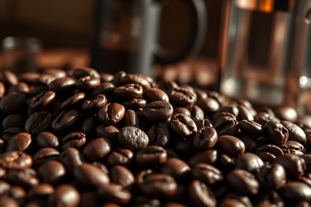 A warm, richly-lit close-up of a selection of premium whole coffee beans, freshly roasted and glistening with aromatic oils. The beans are arranged in a visually pleasing pattern, with a French press carafe and accompanying tools subtly visible in the background, hinting at the perfect brew to come. The lighting casts dramatic shadows, emphasizing the textures and depth of the beans, while a soft, muted color palette evokes a sense of quality and craftsmanship. The overall mood is one of anticipation and appreciation for the art of making the perfect cup of coffee.