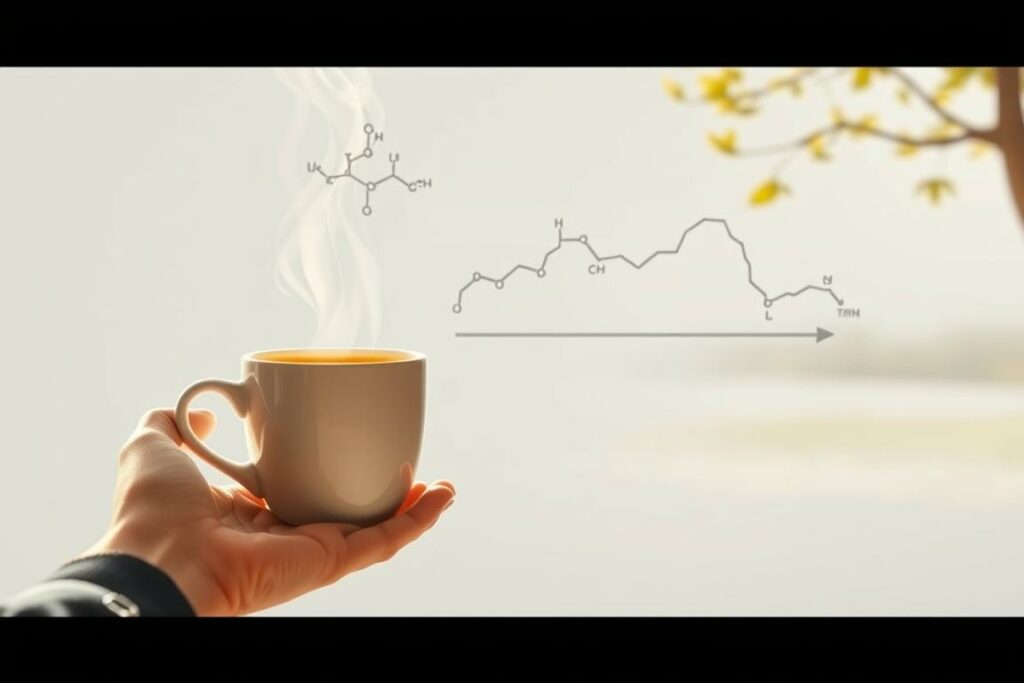 A well-lit, detailed illustration depicting the duration of caffeine's effects. In the foreground, a person's hand holds a steaming cup of coffee against a light background, symbolizing the initial caffeine intake. In the middle ground, a molecular diagram or timeline visualizes the gradual metabolization and diminishing effects of caffeine over time. The background depicts a tranquil, natural scene, conveying the eventual return to a calm, balanced state after the caffeine's influence has waned. The image should effectively communicate the practical tips for responsibly managing caffeine consumption, as described in the article's section.