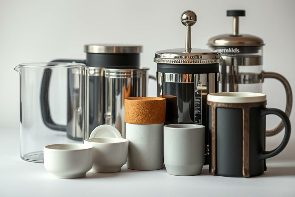 A well-lit, high-resolution close-up image of various French press coffee maker materials, including glass, stainless steel, and ceramic. The materials are arranged in an organized display, showcasing their unique textures, finishes, and construction. The lighting is soft and diffused, emphasizing the quality and craftsmanship of each piece. The background is a neutral, minimalist backdrop, allowing the materials to take center stage. The overall composition conveys a sense of elegance, attention to detail, and the importance of material selection in the world of French press coffee brewing.