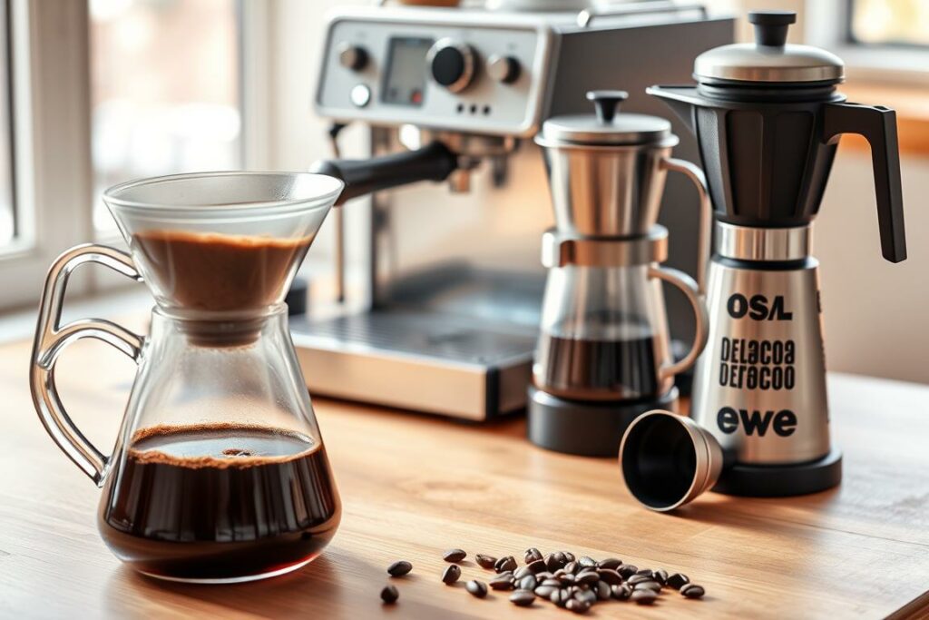 A well-lit, high-resolution photograph showcasing various Arabica coffee preparation methods. In the foreground, a pour-over station with a glass carafe, gooseneck kettle, and freshly ground coffee. In the middle ground, a sleek espresso machine with its portafilter and tamper. In the background, a French press, a Moka pot, and an Aeropress, all arranged artfully on a wooden surface. Soft natural lighting highlights the textures and colors of the equipment, creating a warm, inviting atmosphere that celebrates the art of brewing exceptional Arabica coffee.
