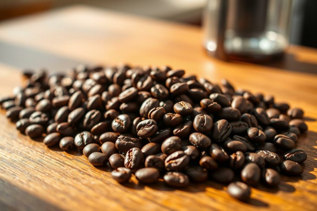 High-quality French press coffee beans on a wooden table, illuminated by warm natural light. The beans are meticulously arranged, showcasing their rich, deep brown color and glistening oily sheen. The texture of the beans is prominently featured, hinting at their robust and flavorful nature. The image has a depth of field that gently blurs the background, creating a focus on the central subject. The overall composition conveys a sense of craftsmanship, quality, and the anticipation of a delightful coffee experience.