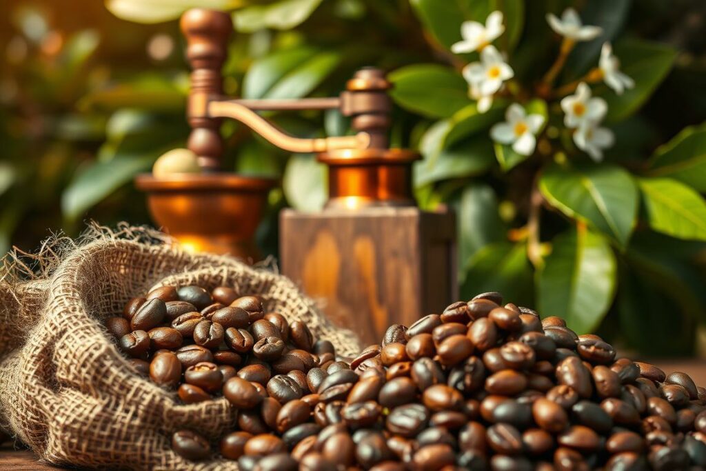 Sustainable coffee beans: a vibrant, earthy still life. In the foreground, a cluster of freshly roasted, fair-trade coffee beans nestled in a burlap sack, their rich brown hues contrasting with the natural fibers. The middle ground features an artisanal coffee grinder, its rustic, copper-toned body and grinding mechanism suggesting a thoughtful, slow process. In the background, a verdant coffee plant with lush, emerald leaves and delicate white flowers, symbolizing the sustainable origins of these premium beans. The scene is bathed in warm, golden light, creating a sense of artisanal craftsmanship and environmental responsibility. Capture the essence of specialty coffee sourced with care and mindfulness.