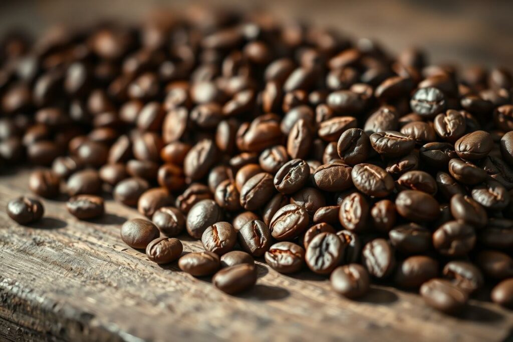 Whole roasted coffee beans, a vibrant ensemble of deep browns and rich hues, nestled atop a rustic wooden surface. Soft, diffused lighting bathes the scene, highlighting the glossy sheen of the beans and casting gentle shadows. The composition is balanced, with the beans occupying the foreground, inviting the viewer to closely inspect their intricate textures and nuances. In the middle ground, a sense of depth is established through the subtle gradation of tones, while the background remains subtly blurred, creating a harmonious and immersive atmosphere. This image conveys the quality, freshness, and artisanal nature of the coffee beans, perfectly complementing the section title "Warum du Kaffeebohnen online kaufen solltest".