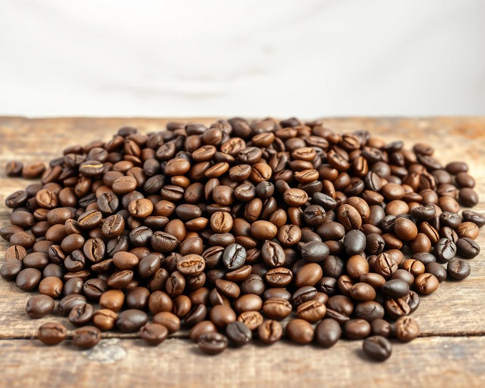 A artfully arranged still life showcasing an assortment of gourmet coffee beans in various roast profiles, from light and fruity to dark and rich. The beans are displayed on a rustic wooden surface, with a clean, minimalist background that allows the natural textures and colors of the coffee to take center stage. Soft, diffused lighting illuminates the scene, creating a warm, inviting atmosphere. The composition is carefully balanced, with the coffee beans placed in an aesthetically pleasing manner, encouraging the viewer to appreciate the unique characteristics of each variety. This image perfectly captures the theme of "Zubereitungsmöglichkeiten für Ihre Kaffeebohnen", highlighting the diverse range of coffee experiences available to the discerning connoisseur.