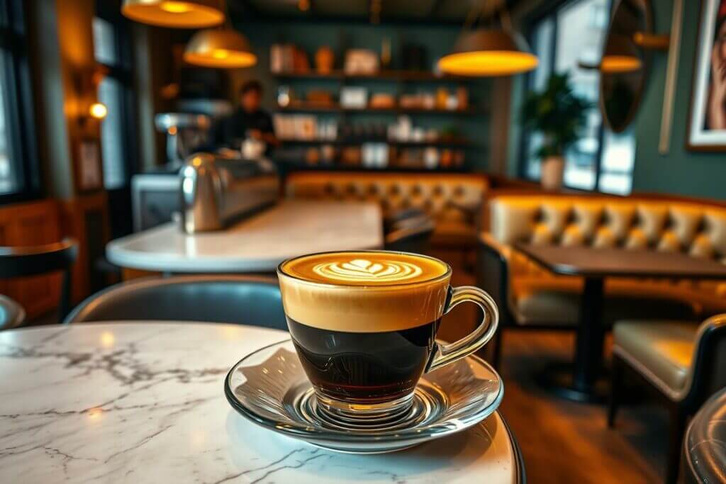 A beautifully crafted espresso shot sits atop a saucer, its rich, dark crema shimmering under the warm light of an Italian-style café. Delicate latte art adorns the surface, a testament to the barista's skilled hand. The scene is framed by a mid-century modern interior, complete with brass accents, polished marble countertops, and cozy leather seating. Soft, ambient lighting casts a welcoming glow, while the aroma of freshly ground beans and baked pastries fills the air, creating a truly authentic Italian café atmosphere. A beautifully crafted espresso shot sits atop a saucer, its rich, dark crema shimmering under the w's skilled hand. The scene is framed by a mid-century modern interior, complete with brass accents, polished marble countertops, and cozy leather seating. Soft, ambient lighting casts a welcoming glow, while the aroma of freshly ground beans and baked pastries fills the air, creating a truly authentic Italian café atmosphere.