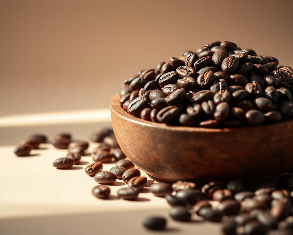 A beautifully lit still life showcasing a curated arrangement of high-quality coffee beans. The beans are displayed in a minimalist, wooden container, allowing their rich colors and textures to take center stage. The lighting is soft and directional, casting gentle shadows that add depth and dimension to the scene. The background is a simple, neutral tone, allowing the coffee beans to be the focal point. The overall composition conveys a sense of elegance, quality, and attention to detail, perfectly reflecting the subject of "Tipps zur Lagerung von Kaffeebohnen".