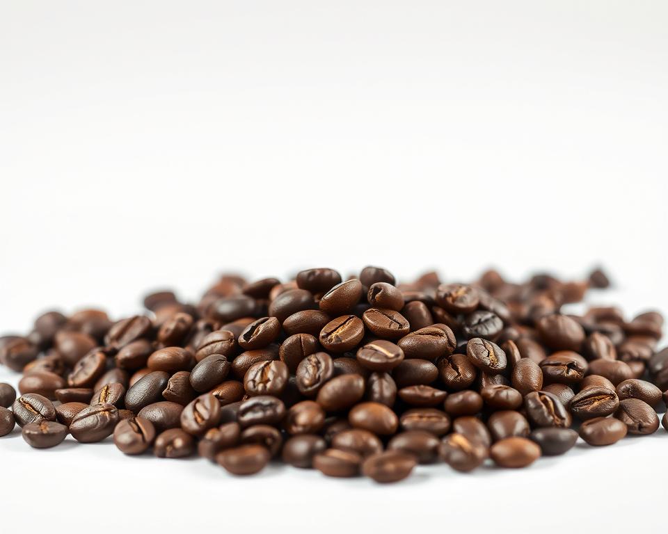 A carefully curated arrangement of freshly roasted coffee beans, showcased against a clean, minimalist background. The beans, gleaming in warm, natural lighting, are captured from a slightly elevated angle, highlighting their rich, textural details. The composition is balanced, with the beans occupying the central focus, surrounded by negative space that creates a sense of simplicity and elegance. The overall mood is one of calm contemplation, inviting the viewer to appreciate the subtle complexities and inherent beauty of the raw coffee product.